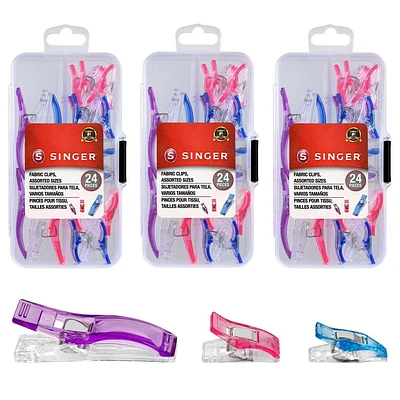 Singer Fabric Clip Bundle: Sewing Clips & Pins, Plastic, 72 Pack, Pink/Blue/Purple, Multiple Sizes