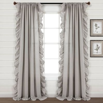 95x54 Linen Ruffle Window Curtain Panel Light Gray - Lush Dcor: Solid Cotton, Light Filtering, Rod Pocket