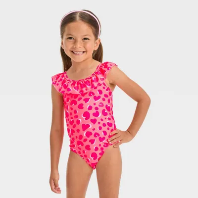 Baby Girl Heart Printed Ruffle One Piece Swimuit