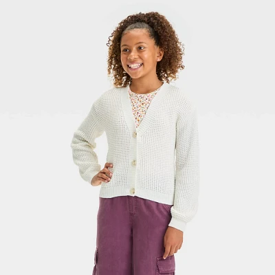 Girl Short Waffle Button-Front Sweater