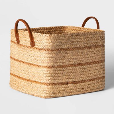 Braided Water Hyacinth Basket with Faux Leather Handles