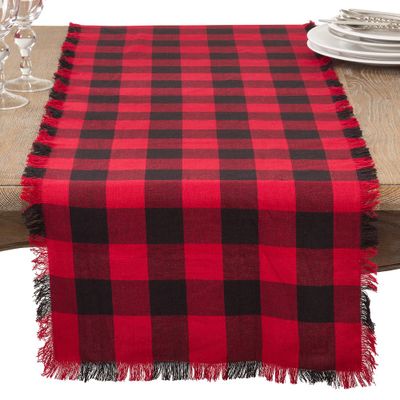 16x72 Buffalo Plaid Classic Design Casual Fringed Cotton Table Runner Red - Saro Lifestyle