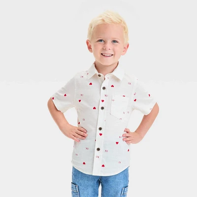 Toddler Boys Short Sleeve Heart Printed Woven Shirt