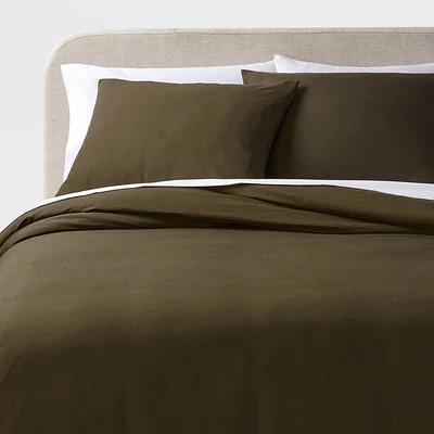 Full/Queen Washed Cotton Sateen Duvet Cover and Sham Set Dark Olive Green - Threshold: 250 Thread Count, OEKO-TEX Certified