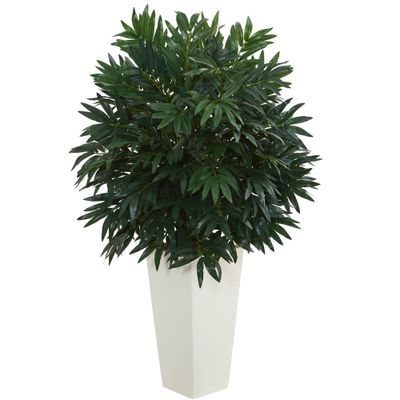 37 x 22 Artificial Double Bamboo Palm in White Tower Vase - Nearly Natural: Faux Floor Plant Decor