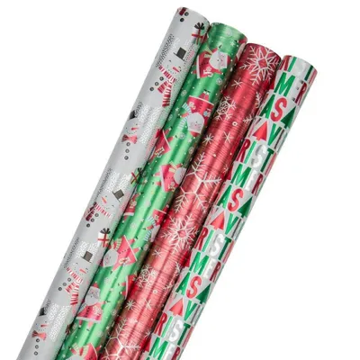 JAM Paper & Envelope 4ct Christmas Gift Wrap Rolls HoHoHo Santa Red