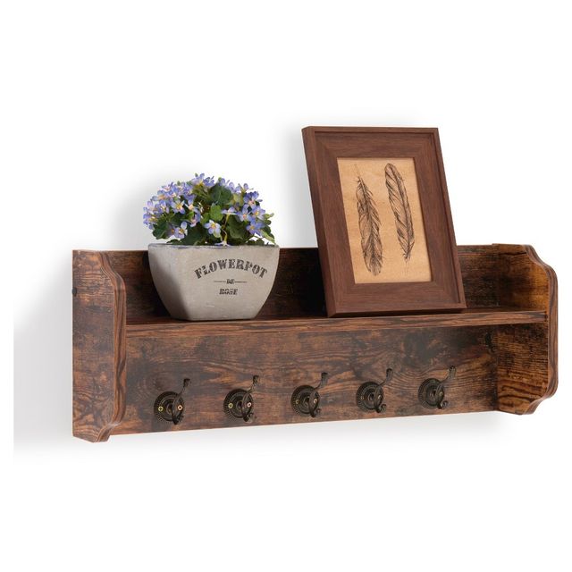 Danya B. 25 x 9 Entryway Floating Utility Wall Shelf with Hooks Rustic : Aged Wood, Metal Hardware, Wall Organizer