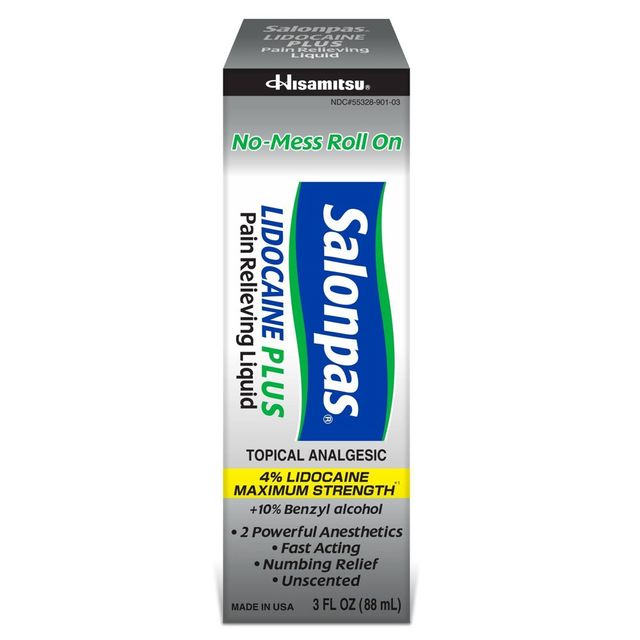 Salonpas Lidocaine Plus Pain Relieving Liquid Roll-On - No Mess Applicator - 3 fl oz