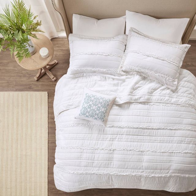 Alexis Ruffle Quilted Coverlet Set (Full/Queen) White - 4pc: Madison Park, Microfiber, Shabby Chic Decor, Includes Decorative Pillow