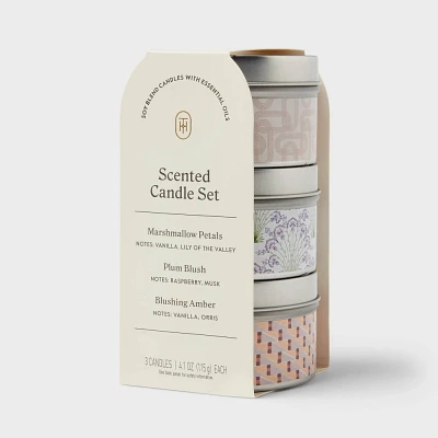 3pk Tin Candle Set - Marshmallow Petals and Plum Blush and Blushing Amber - Threshold