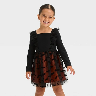 Toddler Girls Halloween Bat Long Sleeve Tulle Dress