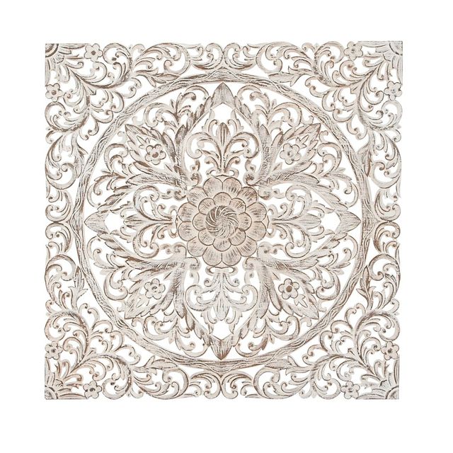 Wood Floral Handmade Intricately Carved Wood Wall Decor with Mandala Design Brown - Olivia & May: Traditional Style, Botanical Art