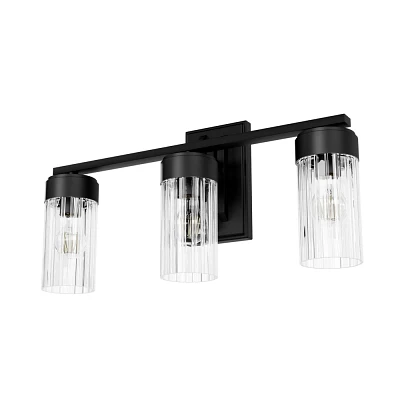 Hunter Fan Gatz with Clear Fluted Glass 3-Light Bathroom Vanity Wall Light Fixture Matte Black