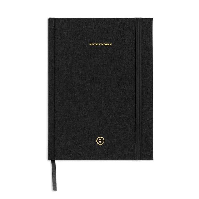 Wit & Delight Lined Journal Black Linen Note to Self: Hardcover Notebook with Elastic Closure, Pocket, Ribbon Marker, 160 Pages