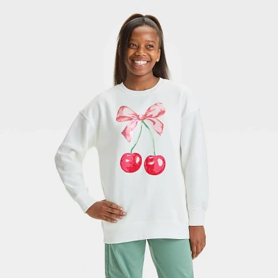 Girls Pullover Fleece Cherry Bow Crewneck Sweatshirt