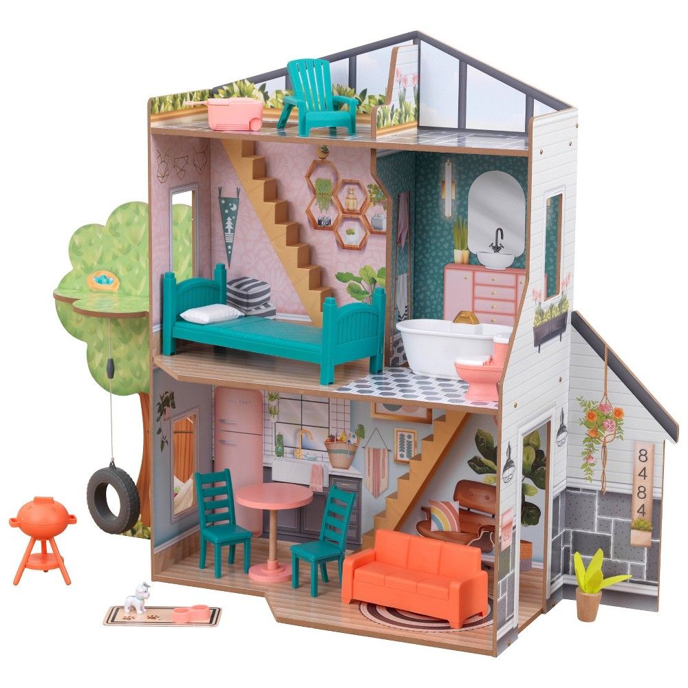 Wooden Doll House Toy with 16 Piece Doll-House Furniture Set