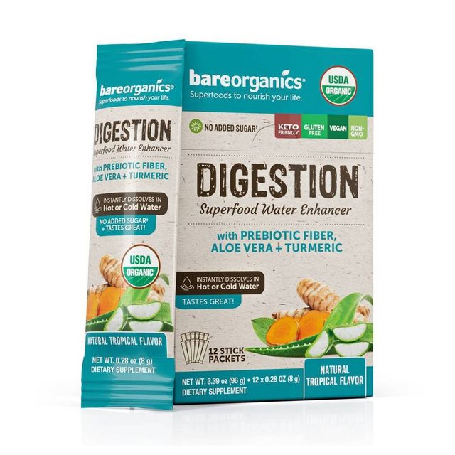 BareOrganics Superfood Water Enhancer Vegan Digestive Health Blend Powder Packets - 12ct