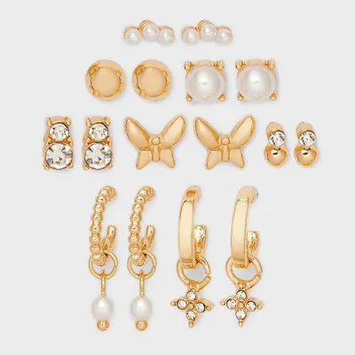 Pearl Stud Hoop Butterfly Flower Earring Set 8pc - A New Day Gold