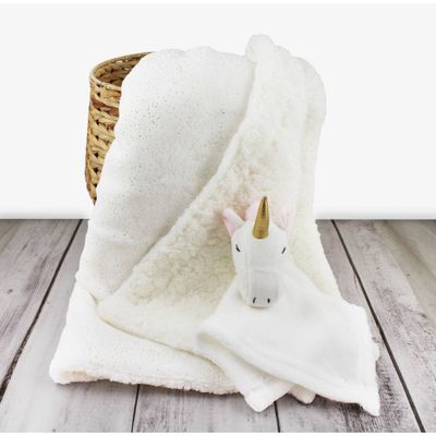 Lila and Jack White with Gold Metallic Fleece Kids Throw with White Unicorn Lovey Set