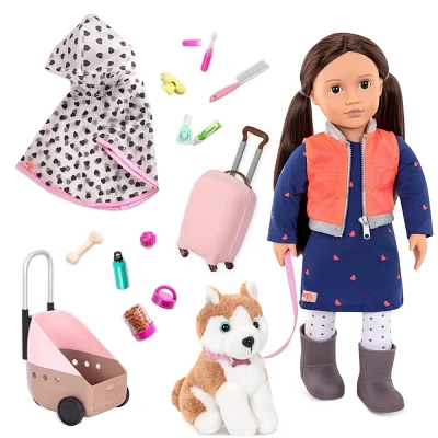 Our Generation Leslie 18 Doll & Pet Travel Bundle