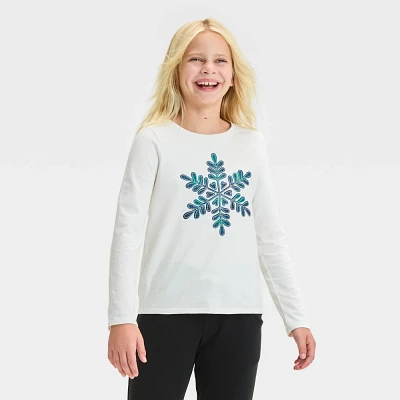 Girl Long Sleeve Snowflake Graphic T-Shirt