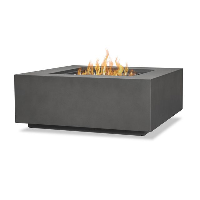 Aegean Square Fire Table with NG Conversion Weather Slate - Real Flame: Steel Lid, Lava Rock, Protective Cover