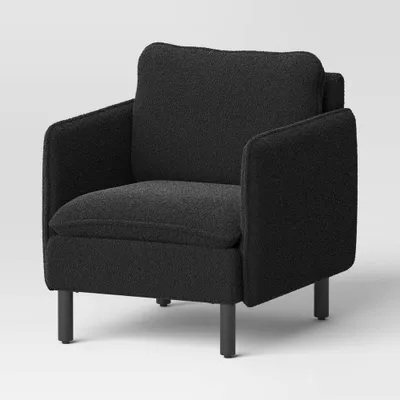 Square Back Accent Arm Chair Boucle Black - Threshold: Upholstered Polyester, Rubberwood Legs