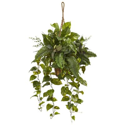 Nearly Natural 46 x 28 Artificial Mixed Pothos and Boston Fern in Hanging Basket - Indoor Faux Greenery Decor