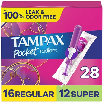 Tampax Pocket Radiant Compact Duopack Regular/Super Absorbency Unscented Plastic Tampons - 28ct