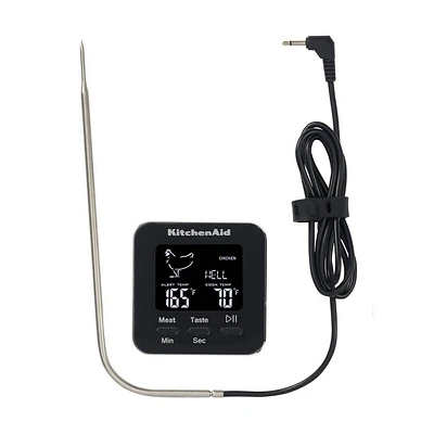 KitchenAid Programmable Wired Probe Kitchen Thermometer & Timer: Digital Food & Meat Thermometer, Black, -4 to 482F