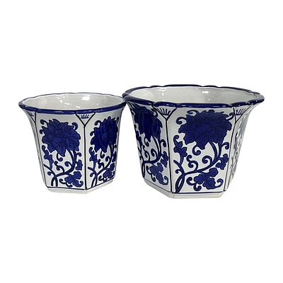 Sagebrook Home 2pc Fluted Chinoiserie Ceramic Indoor Outdoor Planter Pots Blue/White: Hand-Painted, Rust-Resistant, No Drainage Hole