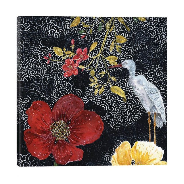 iCanvas  Heron with Red Flower by Miri Eshet Unframed Wall Canvas: Artist-Grade, Gallery Wrap, Fade-Resistant