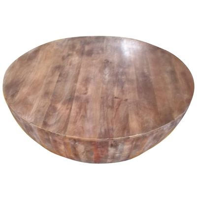 Handcarved Drum Shape Round Top Mango Wood Coffee Table - The Urban Port: Sturdy & Polished