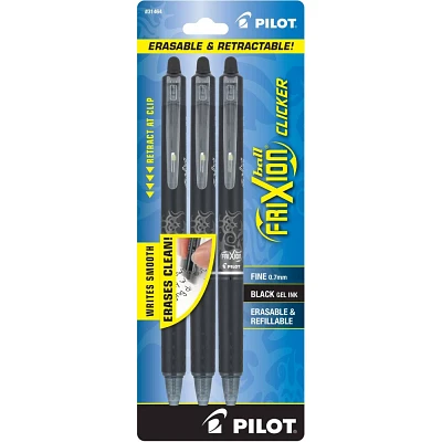 Pilot 3ct FriXion Clicker Erasable Gel Pens Fine Point 0.7mm Black Ink: Retractable, Stationery, Office, Eraser Included