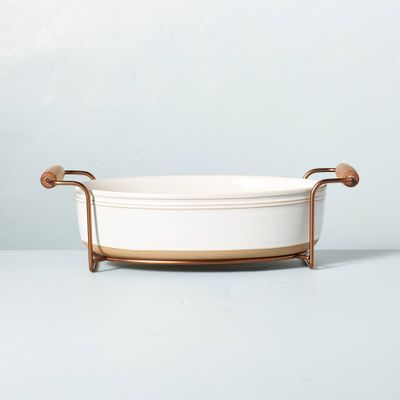 2.75qt Oven-to-Table Stoneware Oval Baking Dish with Cradle Carrier Cream/Clay - Hearth & Hand with Magnolia: Exposed Base