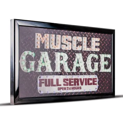 Muscle Garage Full Service Open 24 Hours Framed LED Sign Gray/Brown - American Art Decor