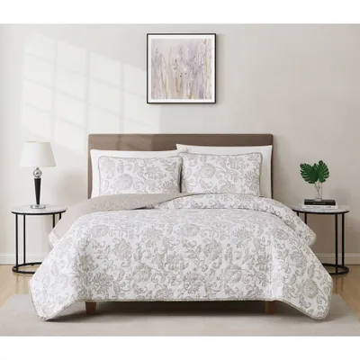 Cannon 3pc King Sylvana Jacobean King Quilt Bedding Set White: Microfiber, Botanical Pattern, Includes 2 Shams