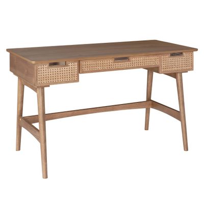 Ryker Rattan Mid-Century Modern Desk Natural - Linon: Vanity Workspace with Storage