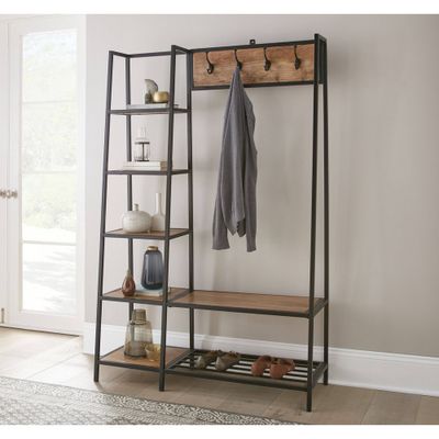 Hampton Hall Tree Wood and Frame Brown/Black - Steve Silver Co.: Mango Wood, Iron Hooks, Shoe Storage