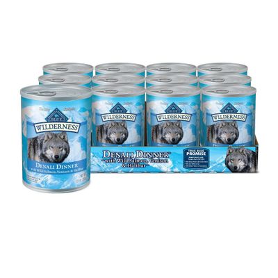 Blue Buffalo Wilderness Grain Free Wet Dog Food Denali Dinner with Wild Salmon, Venison & Halibut Fish - 12.5oz/12ct Pack