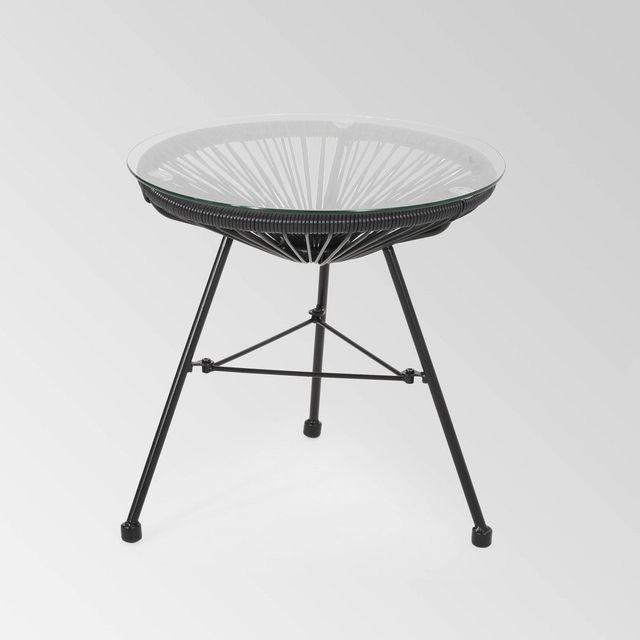 Nusa Faux Rattan Modern Side Table -  - Christopher Knight Home: Weather-Resistant, Tempered Glass Top