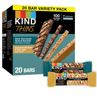 KIND Thins Dark Chocolate Nuts and Sea Salt & Caramel Almond and Sea Salt Bars Variety Pack  20ct