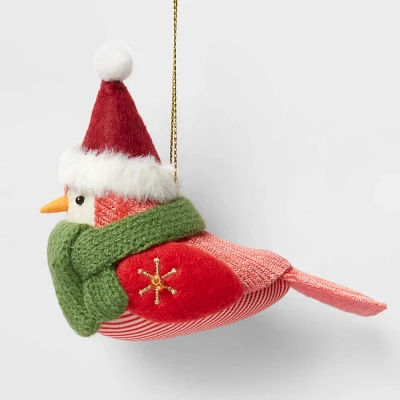 Featherly Friends Fabric Bird with Red Hat and Red Stripes Christmas Tree Ornament - Wondershop