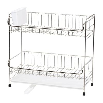 IRIS 2 Tier Stainless Steel Compact Dish Drying Rack with Plastic Drain : Freestanding Dishrack with Tray