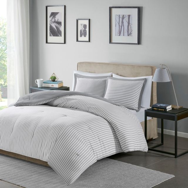 Gray Braydon Reversible Stripe Comforter Mini Set Twin: Madison Park, Hypoallergenic, Microfiber, OEKO-TEX Certified