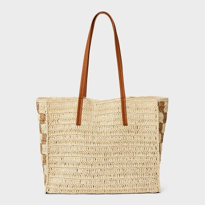 Straw Packable Checker Boxy Tote Handbag - Universal Thread Beige