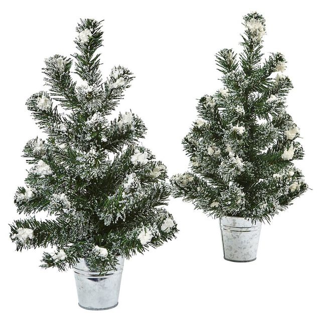 Snowy 18H Mini Pine Trees with Tin Planters (Set of 2) - Nearly Natural: Faux Pine, Adjustable Branches, Indoor Decor