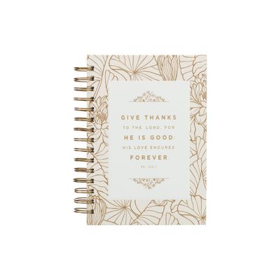 Christian Art Gifts Journal W/Scripture for Women Give Thanks Psalm 106:1 Bible Verse White/Gold 192 Ruled Pages, Large Hardcover Notebook, Wire