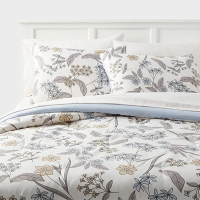 Full/Queen Printed Comforter Set Ivory/Light Blue/Honey Yellow - Room Essentials: Botanical Pattern, 7-Piece Bedding Set