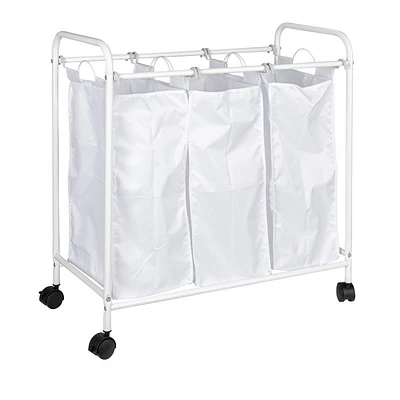 Household Essentials Rolling Triple Laundry Sorter White: Steel Frame, 244L Capacity, Laundry Basket with Wheels